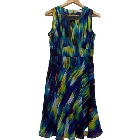 CALVIN Klein dress woven Aline multicolored chiffon fit&flair sleeveles summer 4 - Picture 3 of 16